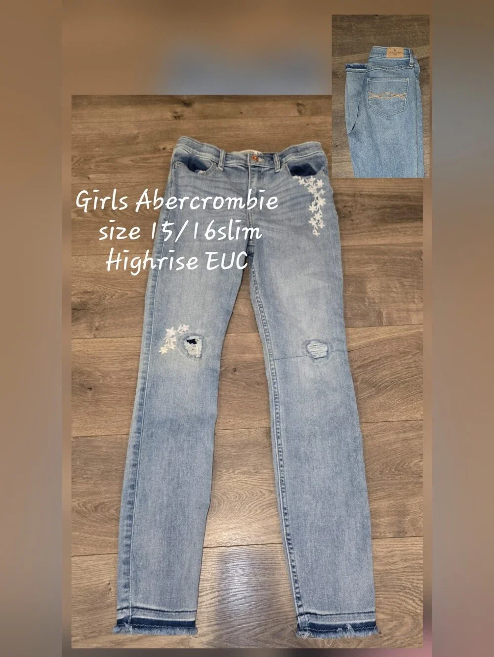abercrombie kids Light Blue High-Rise Slim Jeans with Floral Embroidery